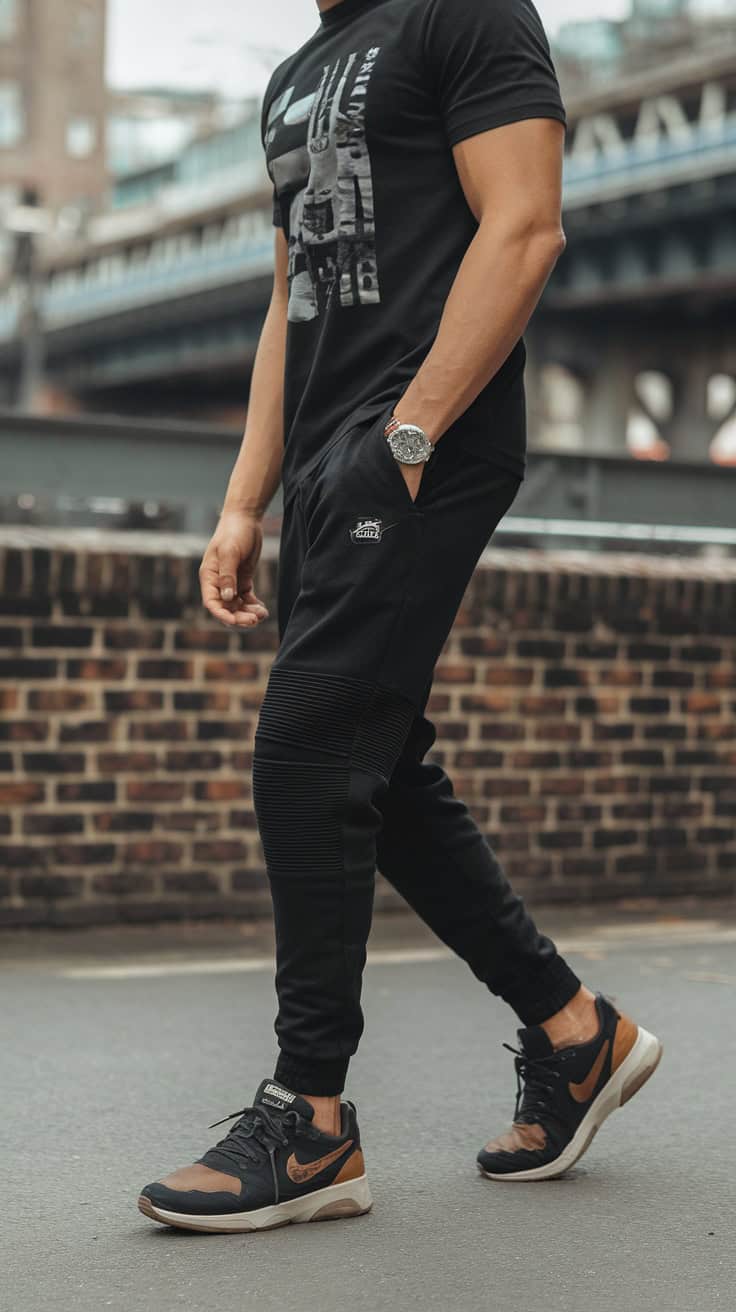 Man walking in casual all-black streetwear outfit with joggers and sneakers.