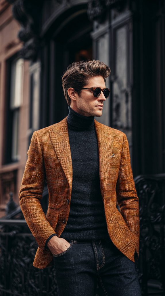 fall men's style Blazer + Turtleneck + Dark Jeans