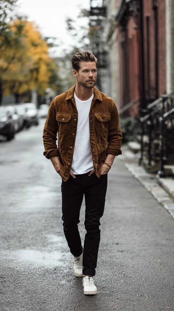 fall men's style Corduroy Shirt Jacket + White Tee + Black Jeans