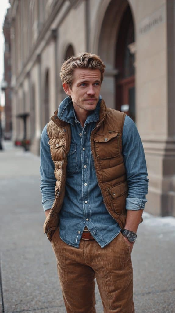 fall men's style Denim Shirt + Puffer Vest + Corduroy Pants