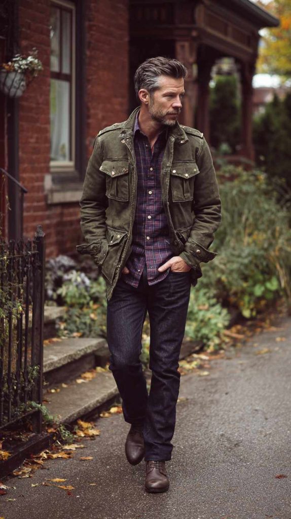 fall men's style Field Jacket + Plaid Shirt + Slim Jeans