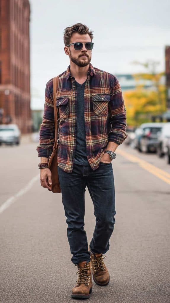 fall men's style 2. Flannel Shirt + Dark Jeans + Work Boots