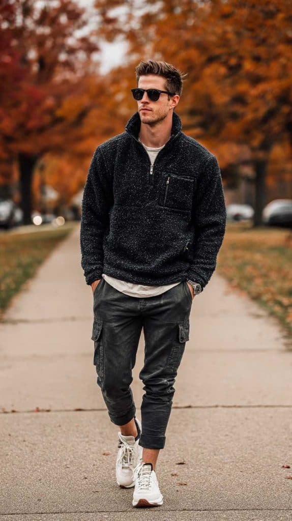 fall men's style Fleece Pullover + Jogger Pants + Trail Sneakers