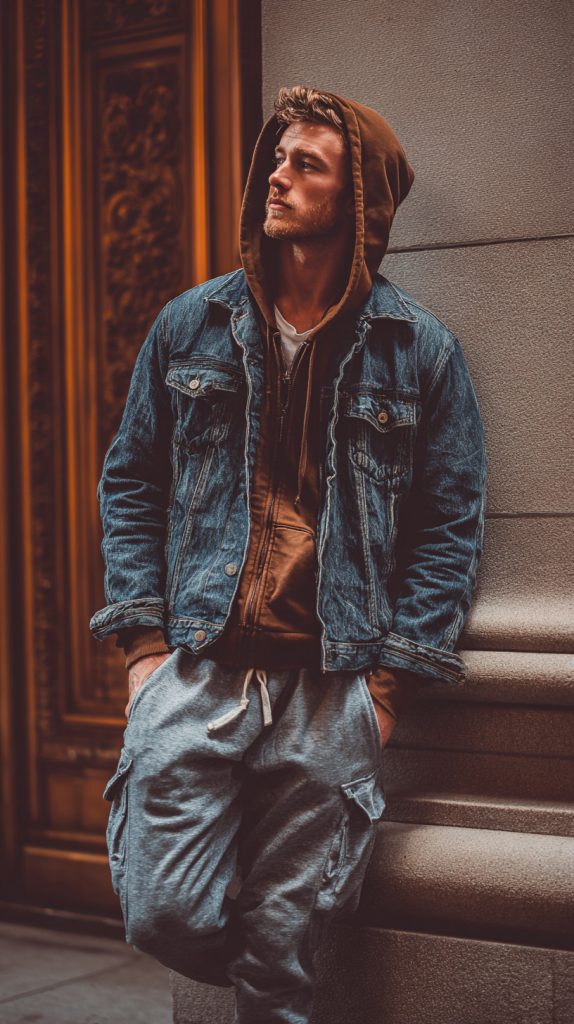 fall men's style Hoodie + Denim Jacket + Joggers