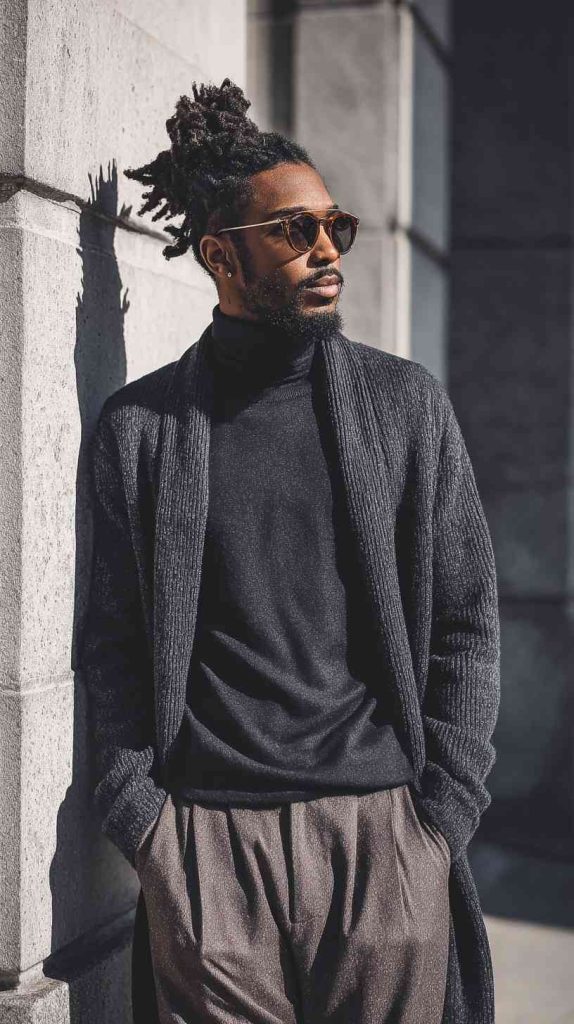 fall men's style Longline Cardigan + Turtleneck + Trousers
