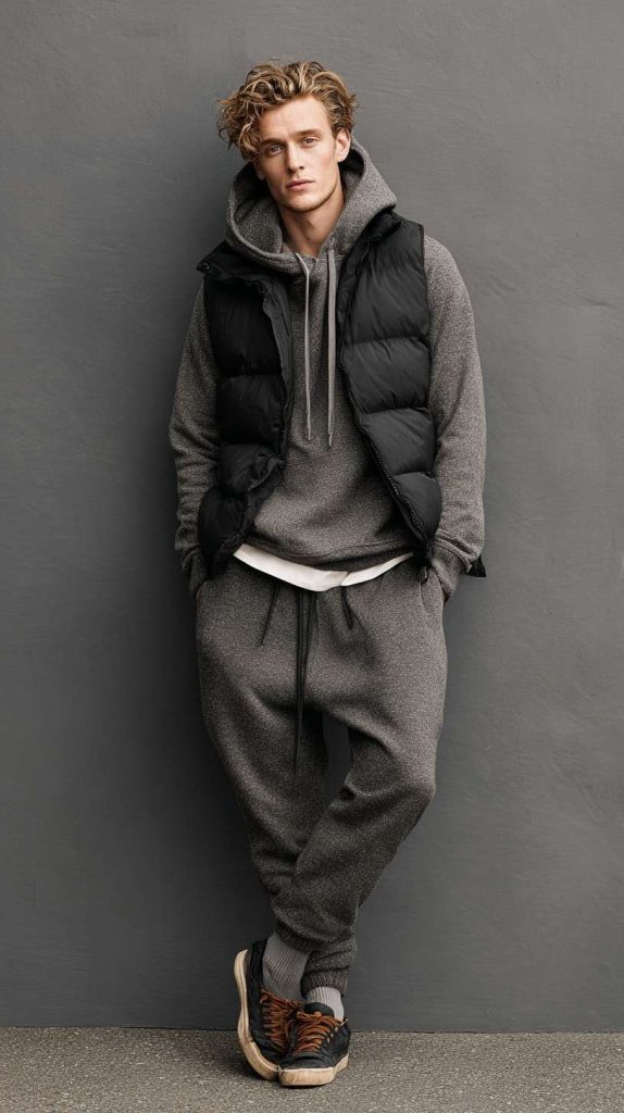 fall men's style Oversized Hoodie + Puffer Vest + Tapered Sweatpants