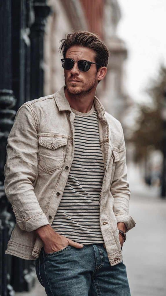 fall men's style Overshirt + Striped Tee + Relaxed Denim
