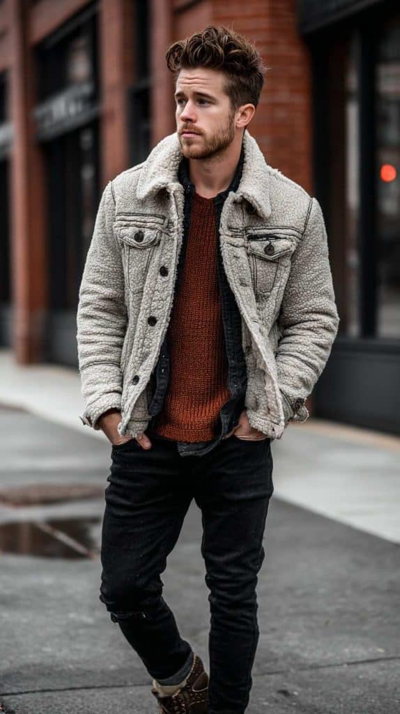 fall men's style Sherpa-Lined Jacket + Thermal Henley + Black Jeans