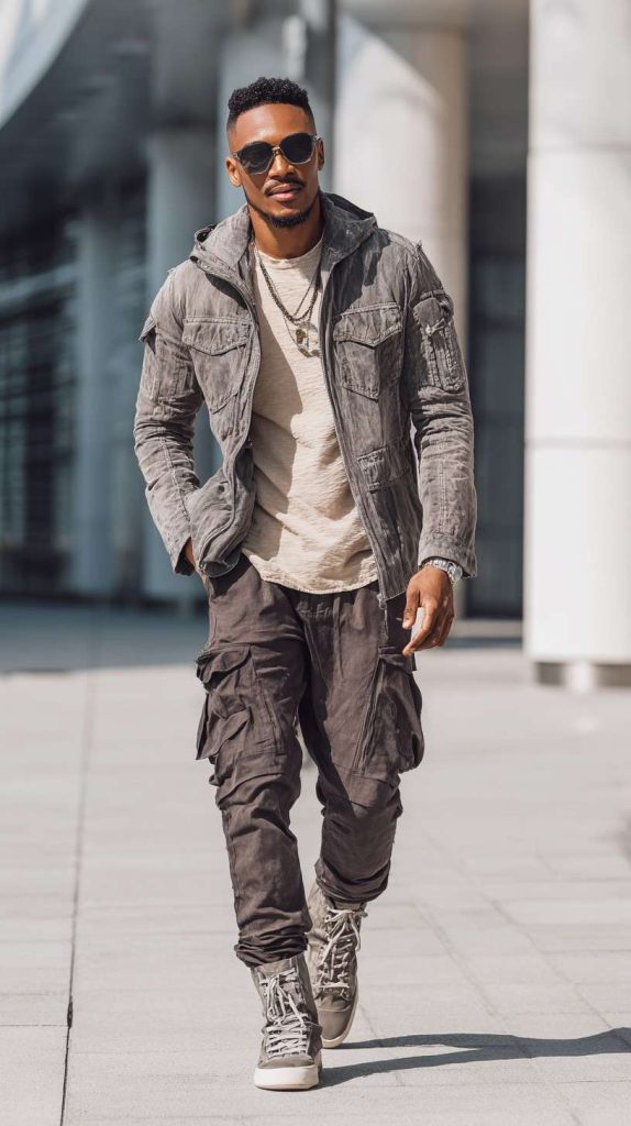 fall men's style Tech Jacket + Base Layer + Slim Cargo Pants