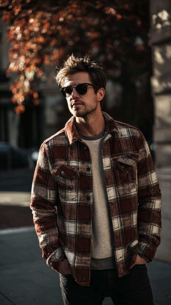fall men's style Trucker Jacket + Flannel + Thermal Tee