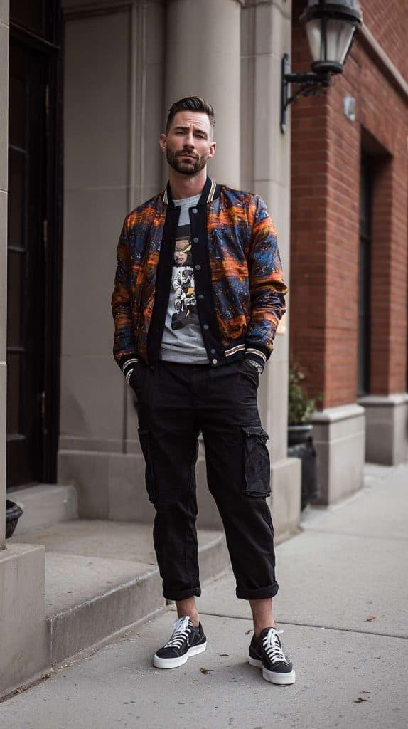 fall men's style Varsity Jacket + Graphic Tee + Black Cargo Pants