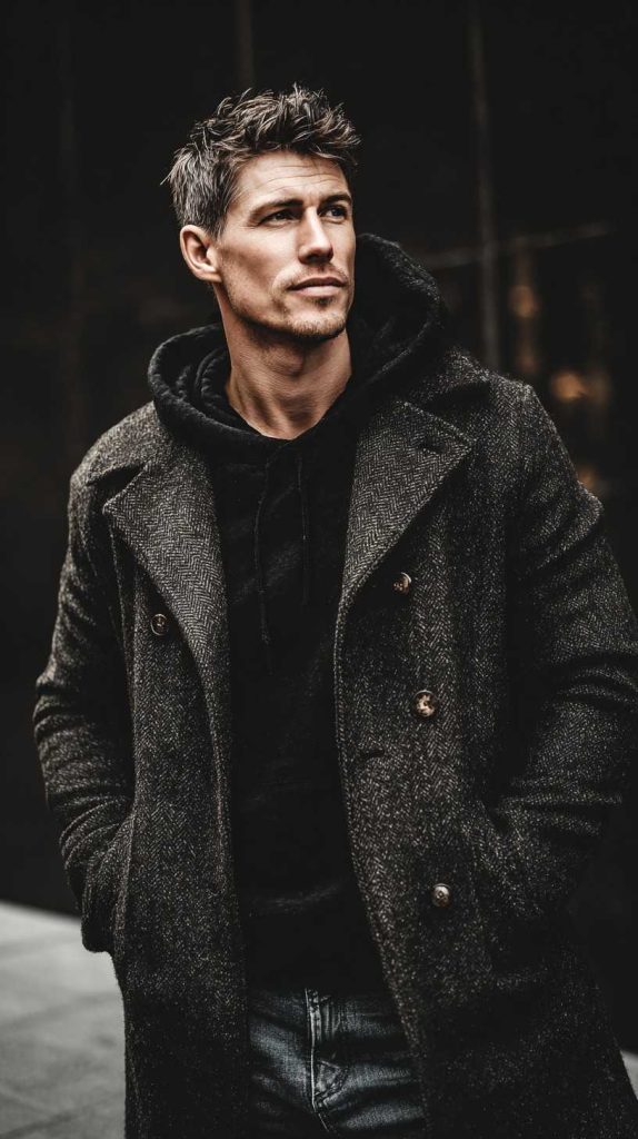 fall men's style Wool Overcoat + Hoodie + Jeans