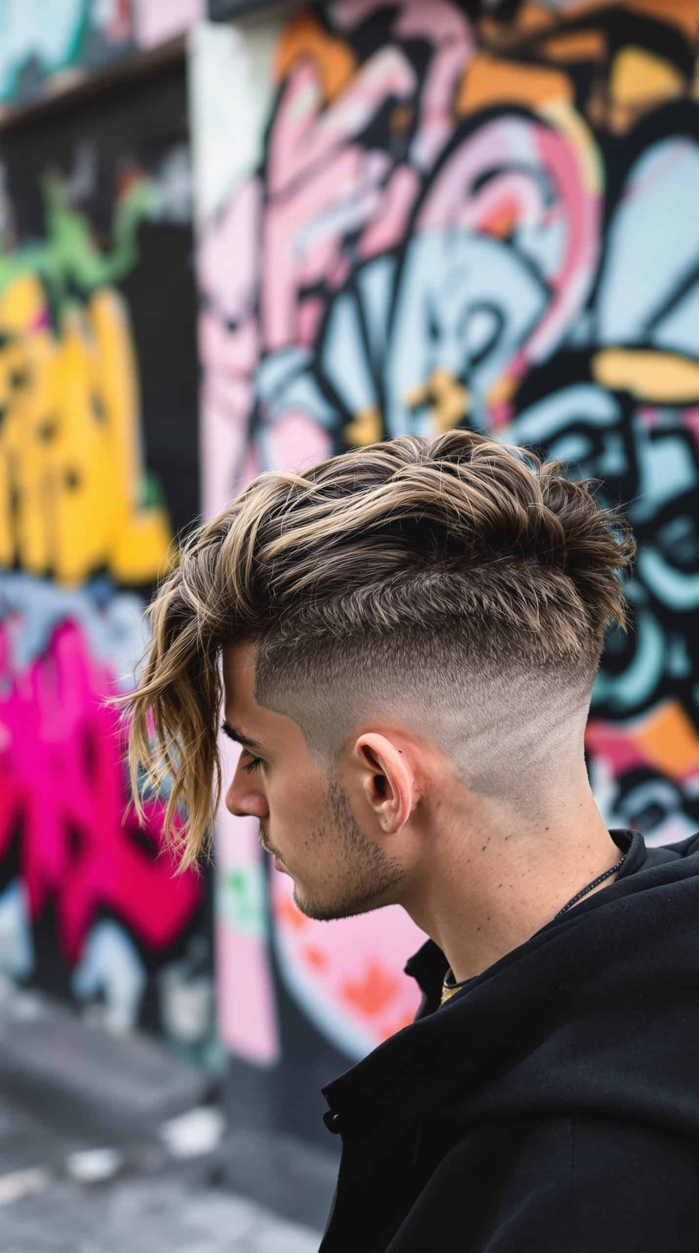 A young man with wavy hair styled on top and a faded haircut on the sides, set against a colorful graffiti background.