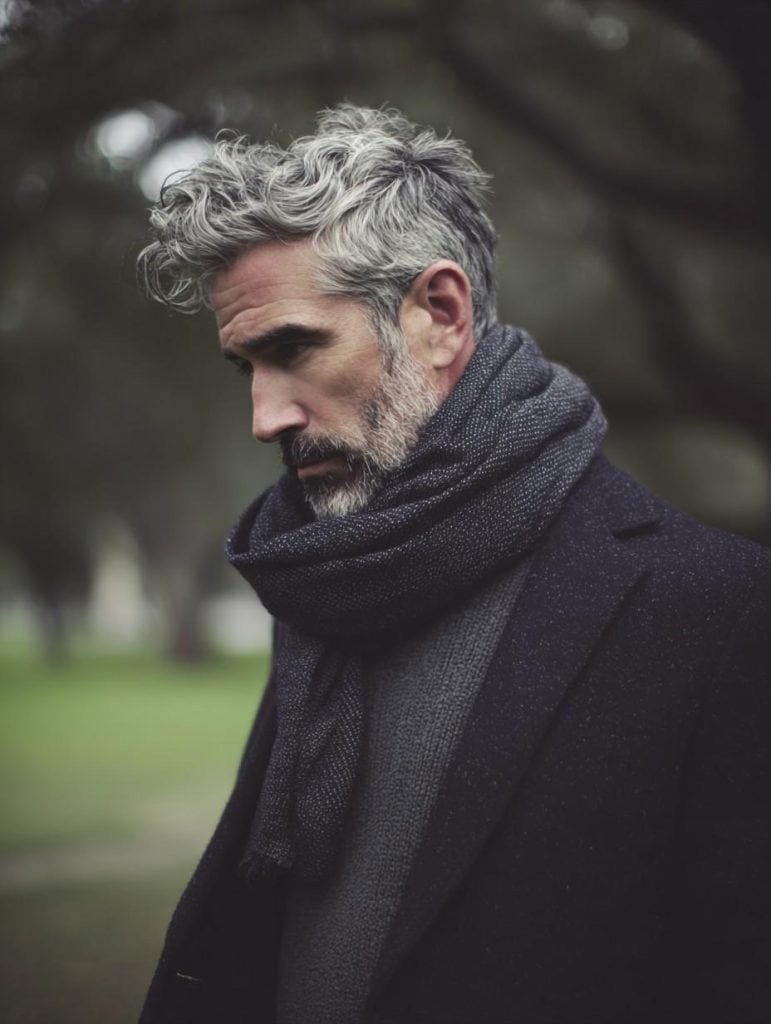 Sweater + Shawl + Dress Pants (Evening Layering), men over 50