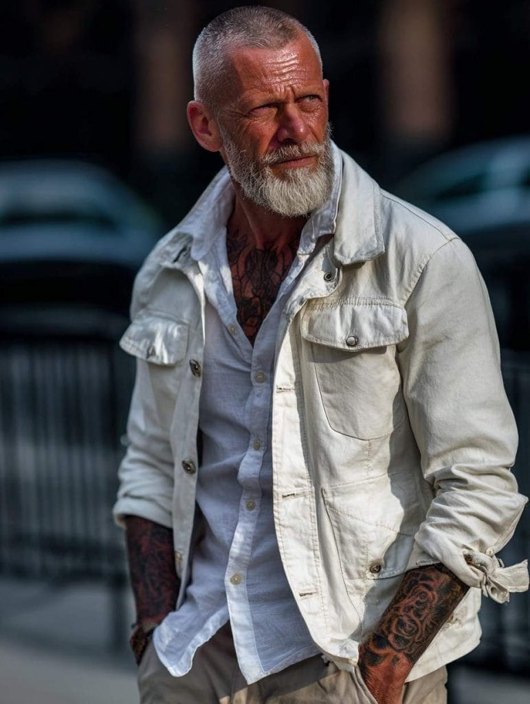 handsome_man_over_50 Lightweight White Jacket + Button-Up + Slim Pants